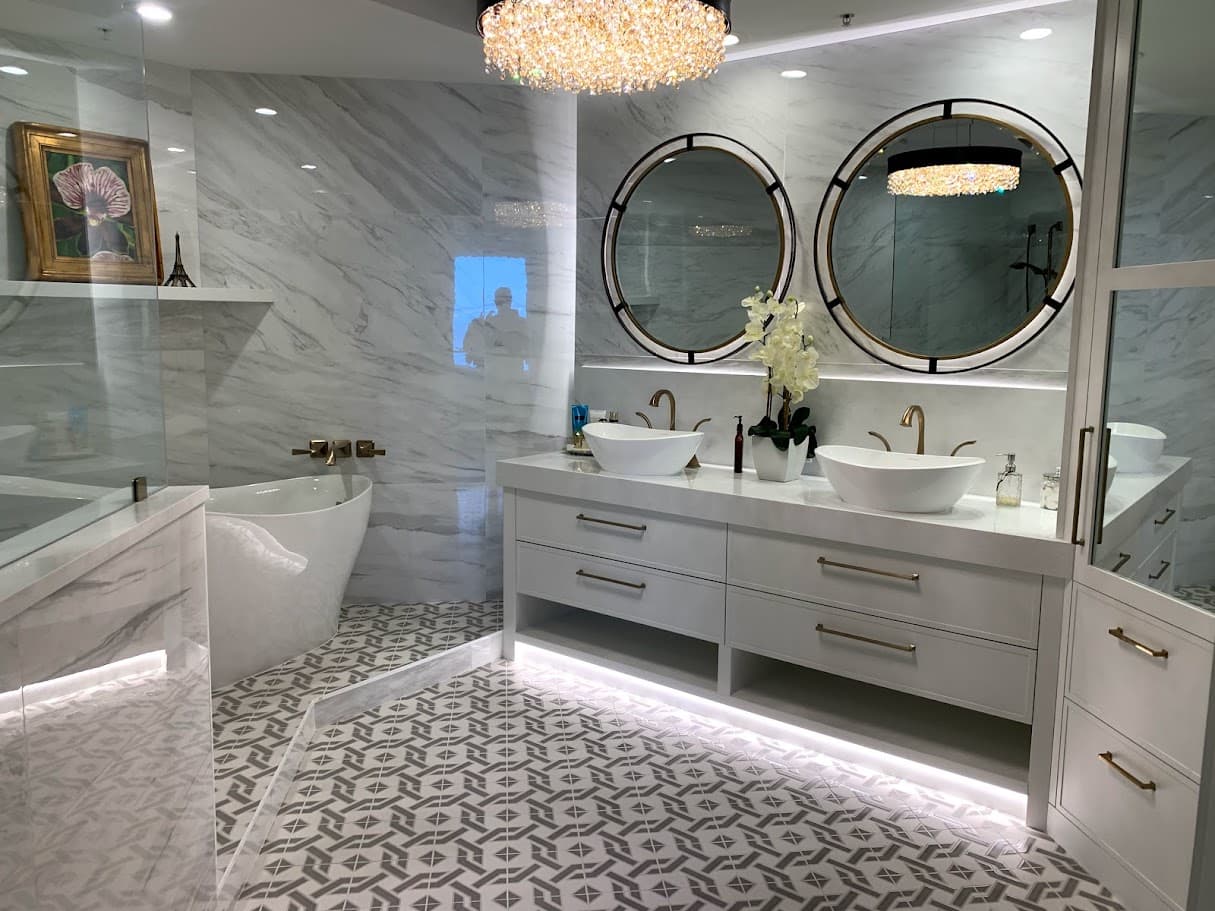 Luxury bath — floating vanity with crystal chandelier