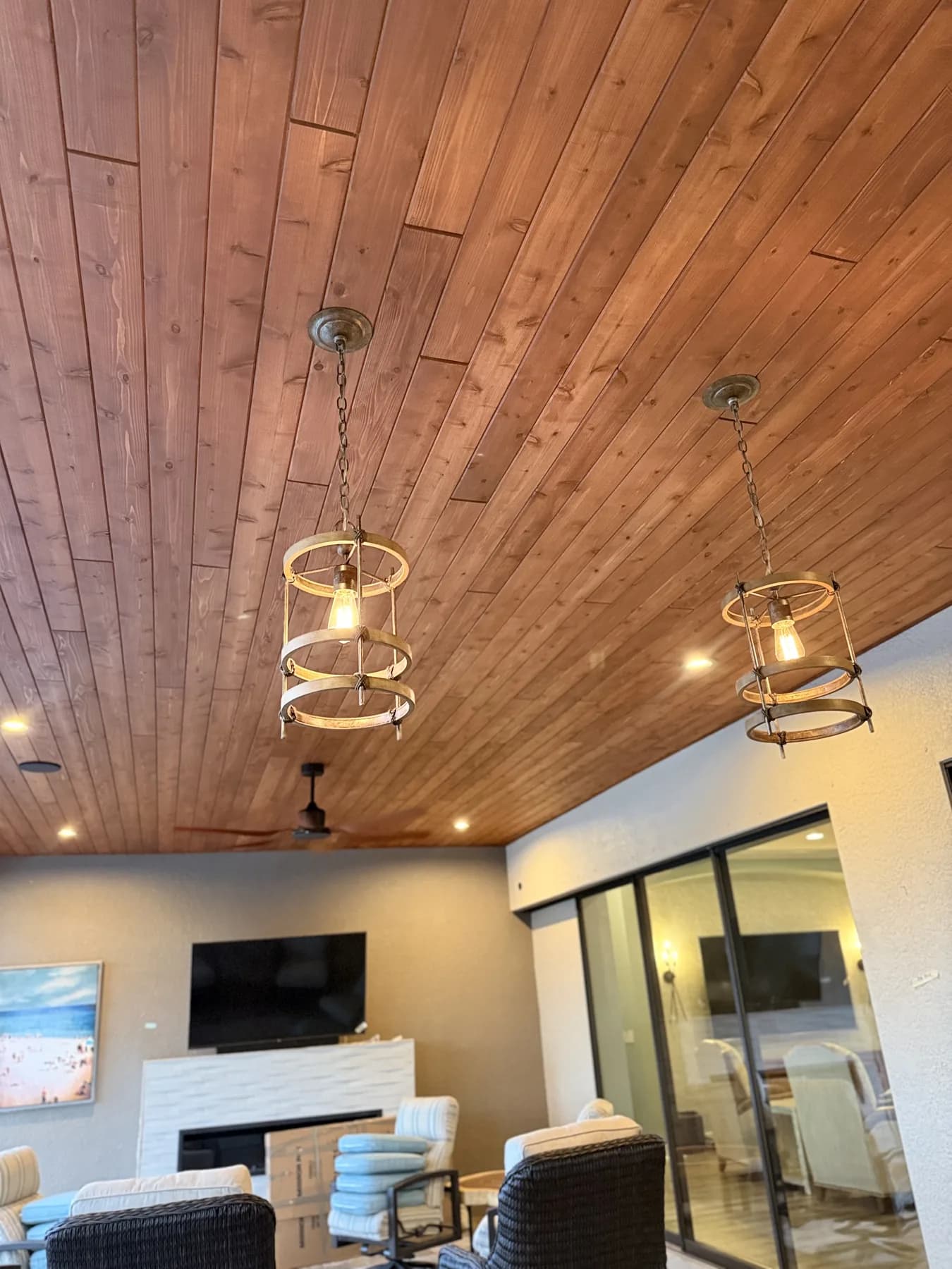 Cedar lanai ceiling with hanging lights