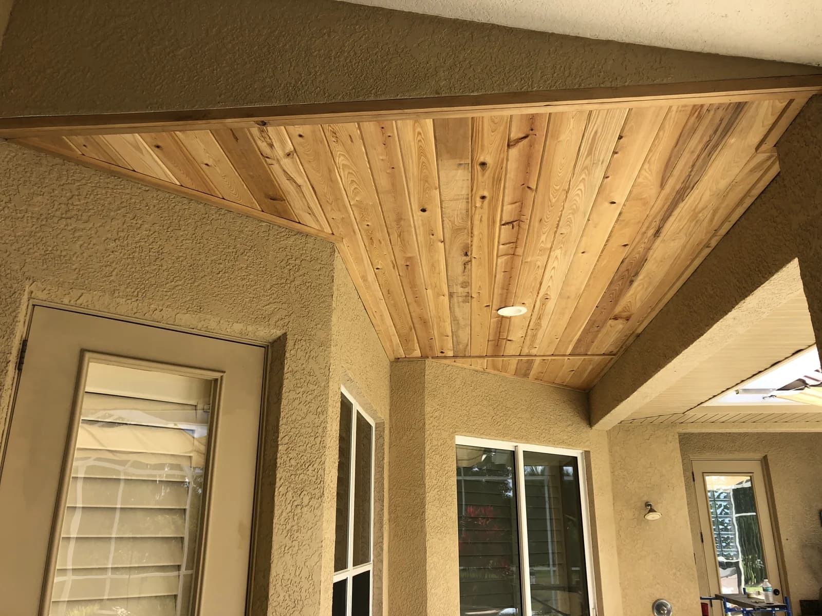 Cedar ceiling on a covered patio